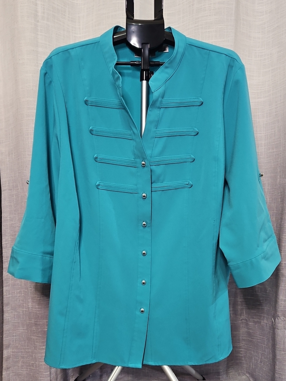 Kathy Che Stretch Teal Mandarin Collar Pintuck Military Blouse